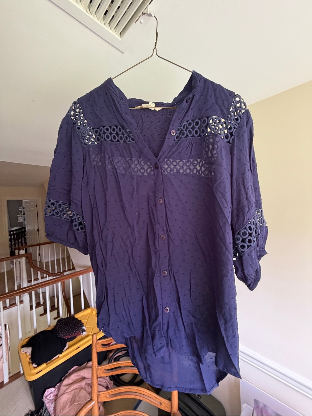 Women’s Navy Eyelet-Detail Button Front Blouse